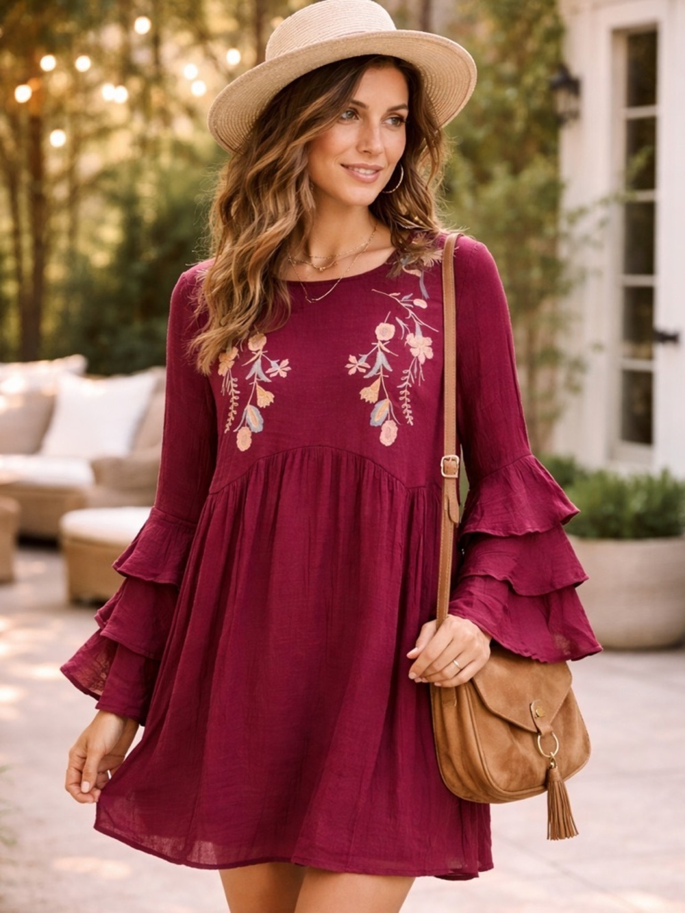 Umgee Burgundy Embroidered Mini Dress Bell Sleeve Poetcore Modern Boheme